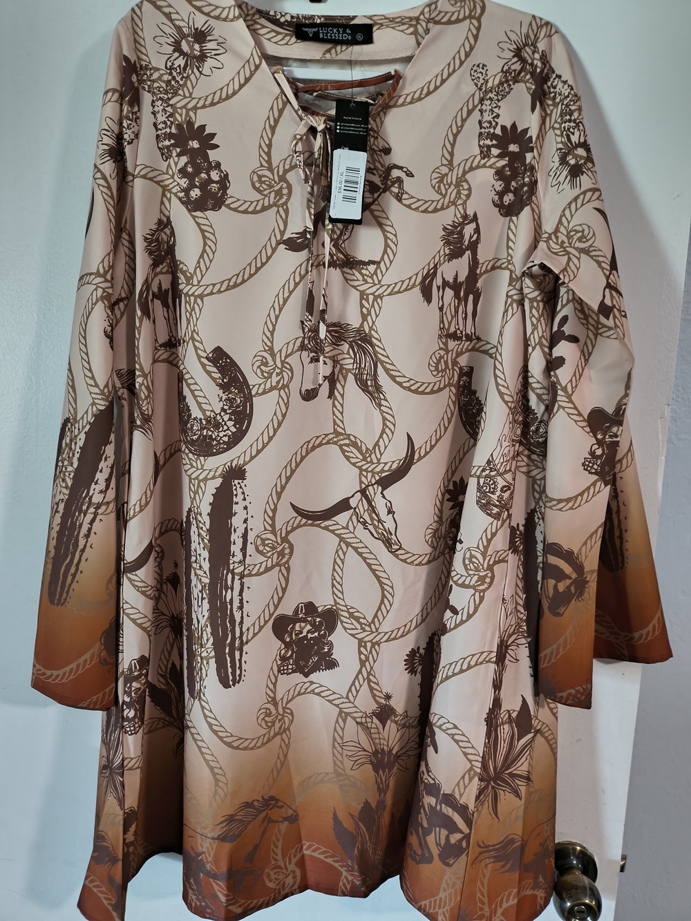 Lucky And Blessed Long-Sleeve Beige & Brown Rope-Print Men’s Shirt